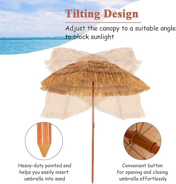 Giantex Thatched Tiki Umbrella, Hawaiian Style Patio Grass Umbrella with 8 Ribs & Tilt Adjustment