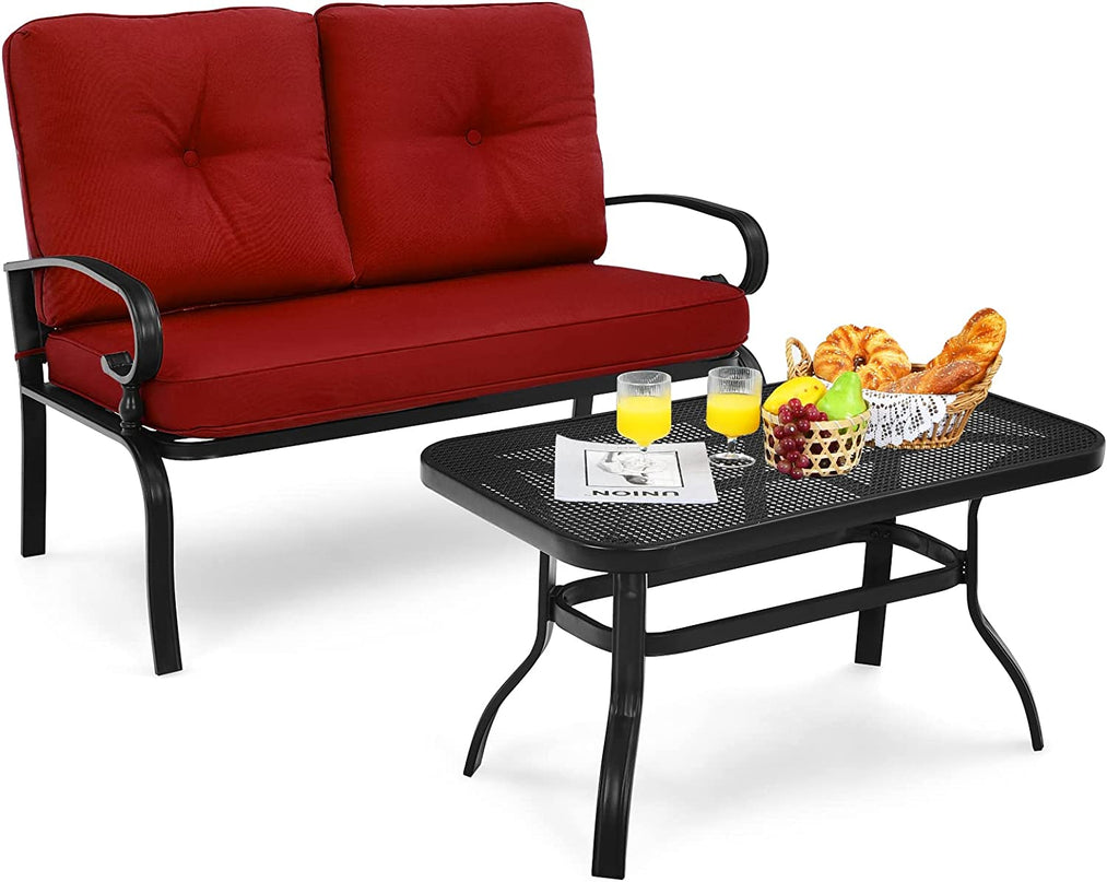 Giantex 2 Pcs Patio Loveseat with Coffee Table Outdoor Bench with Cushion and Metal Frame