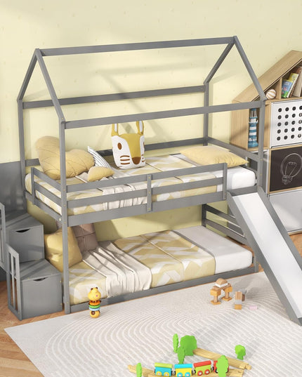 Giantex House Bunk Bed Twin Over Twin with Slide and Storage Stairs, Solid Wood Low Loft Bed Frame with Roof & Guardrail