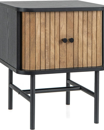 Giantex Mid-Century Modern Nightstand, Wood Bedside Table with Sliding Doors and 4 Metal Legs