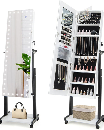 CHARMAID Jewelry Cabinet Armoire with LED Full Length Mirror, 3 Adjustable Heights, up to 69 inches