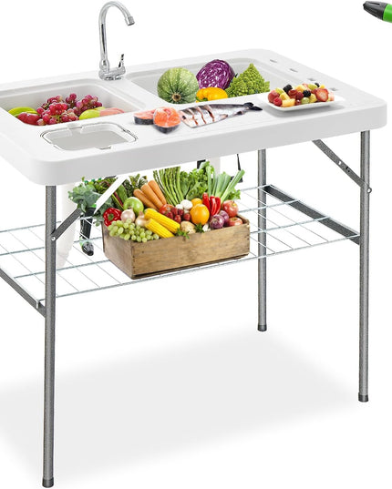 Giantex Fish Cleaning Table with 2 Sinks, Faucet, Garage Holder, Portable Folding Camping Table with Measuring Mark