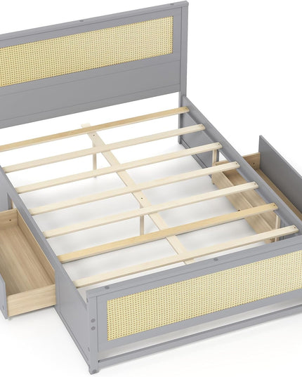 Cadre de lit double/complet en rotin Giantex avec 2 tiroirs de rangement, tête de lit et pied de lit
