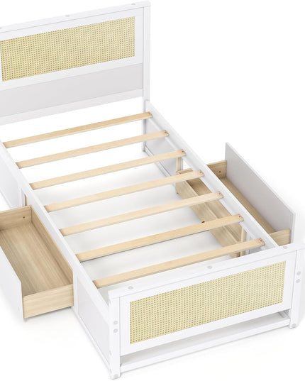 Cadre de lit double/complet en rotin Giantex avec 2 tiroirs de rangement, tête de lit et pied de lit