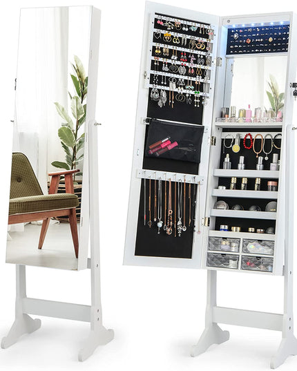 CHARMAID 6 LEDs Jewelry Cabinet Armoire with High Full length Mirror, Lockable Standing Jewelry Organizer Storage with lipstick Tray