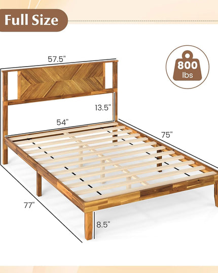 Lit plateforme Giantex Mid-Century Modern en bois d'acacia avec tête de lit et support à lattes en bois