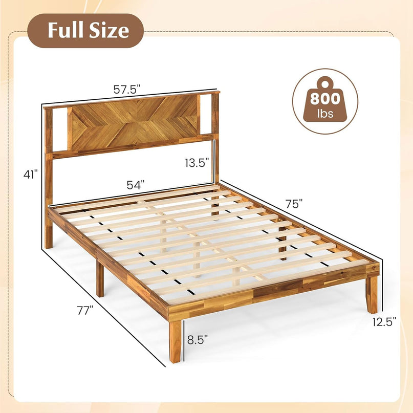 Giantex Mid-Century Modern Acacia Wood Platform Bed with Headboard & Wooden Slats Support