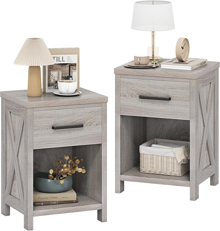 Giantex Farmhouse Wooden Bedside Table with Storage Drawer & Open Shelf