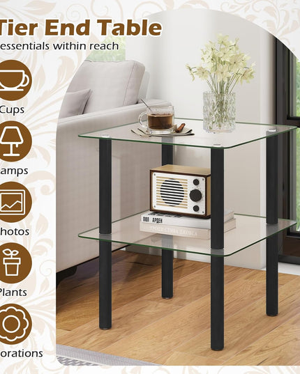 Giantex Square End Table, 2-Tier Sofa Side Table with Clear Tempered Glass Top & Shelf