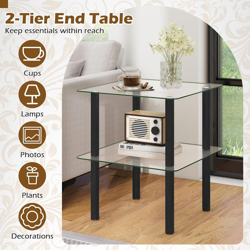 Giantex Square End Table, 2-Tier Sofa Side Table with Clear Tempered Glass Top & Shelf