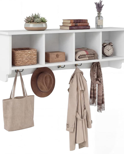Giantex Wall Mounted Coat Rack 28.5" Wooden Floating Shelf with 4 Cubbies & 5 Double Hooks