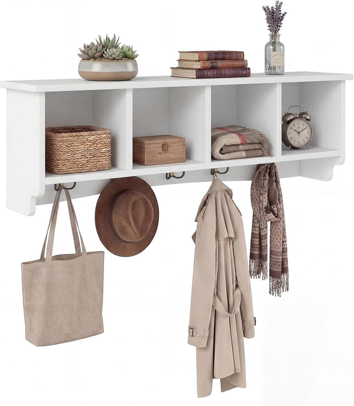 Giantex Wall Mounted Coat Rack 28.5" Wooden Floating Shelf with 4 Cubbies & 5 Double Hooks