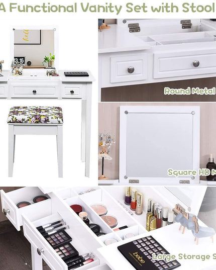 CHARMAID Vanity Set with Flip Top Mirror and 3 Drawers &7 Compartments, White - Giantexus