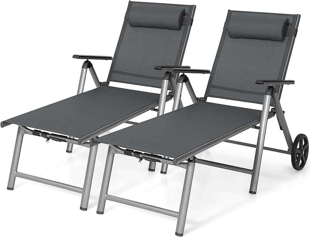 Giantex Chaise Lounge Outdoor Chair- Patio Folding Lounge Chair with Wheels, 7 Adjustable Level