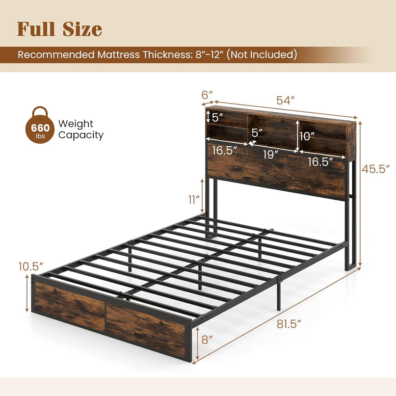 Giantex Bed Frame with Storage Headboard and Charging Station, Industrial Metal Platform Bed