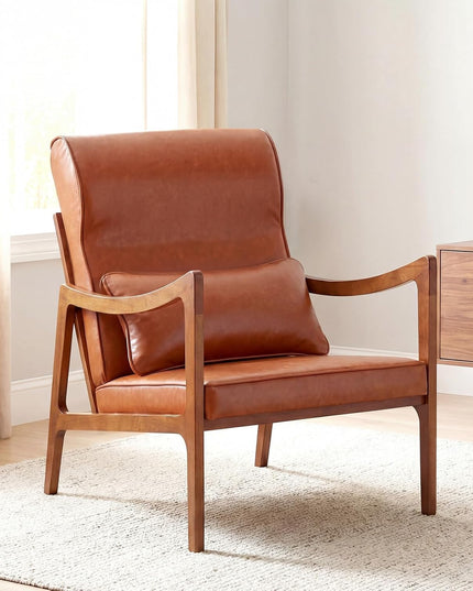 Giantex Mid-Century Faux Leather Upholstered Armchair with Lumbar Pillow (1/2)