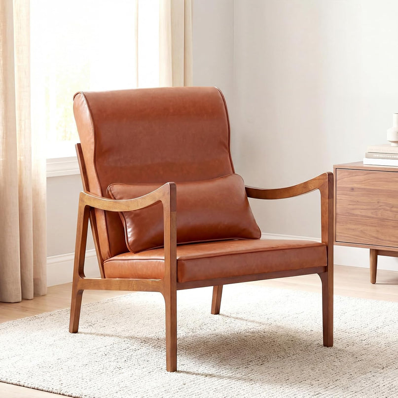 Giantex Mid-Century Faux Leather Upholstered Armchair with Lumbar Pillow (1/2)