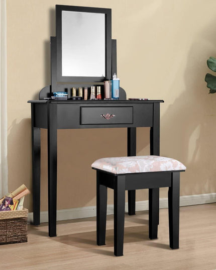 Vanity Dressing Table Stool Set Vanity Tables with Drawers, Black??1 Drawer????o? - Giantexus