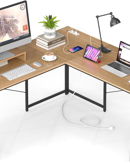 59 Inch Reversible Corner Desk with Power Outlet and USB Ports & Monitor Stand