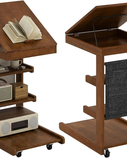 Giantex C-Shaped End Table with Wheels Adjustable Desktop Edge Stopper & 3 Storage Shelves