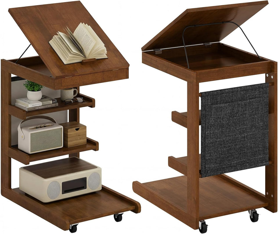 Table d'appoint en C Giantex avec roulettes, butoir de bord de bureau réglable et 3 étagères de rangement