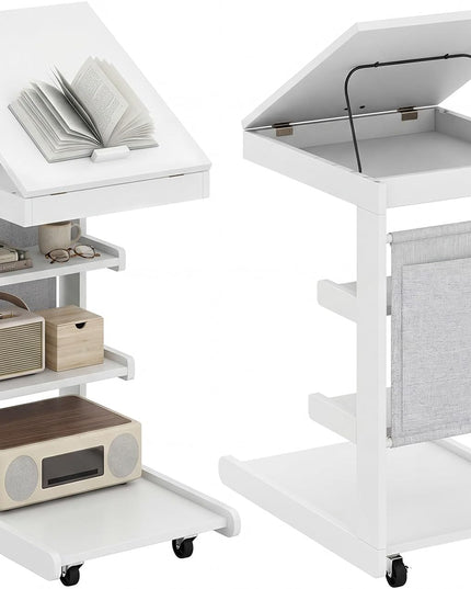 Giantex C-Shaped End Table with Wheels Adjustable Desktop Edge Stopper & 3 Storage Shelves