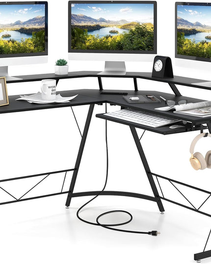 Giantex L Shaped Computer Desk with Power Outlet, 51" Corner Computer Desk with Monitor Stand and Reversible Keyboard Tray