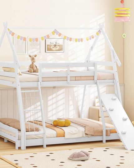 Giantex Twin Over Queen Bunk Bed, Wood House Bunk Bed for Kids with Climbing Nets and Ramp