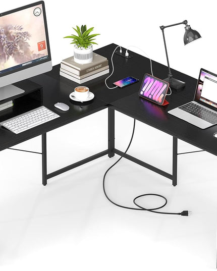 59 Inch Reversible Corner Desk with Power Outlet and USB Ports & Monitor Stand