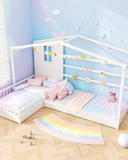 Giantex Double Twin Beds for Kids, House L-Shaped Platform Beds with Window & Fences