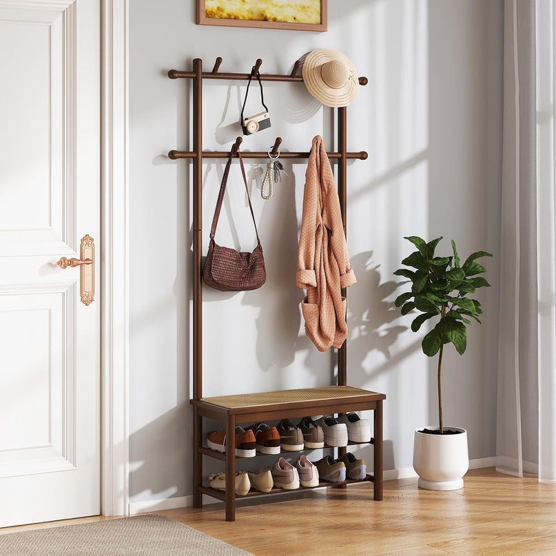 Giantex PE Rattan Hall Tree with Bench & Shoe Storage for Entryway Living Room