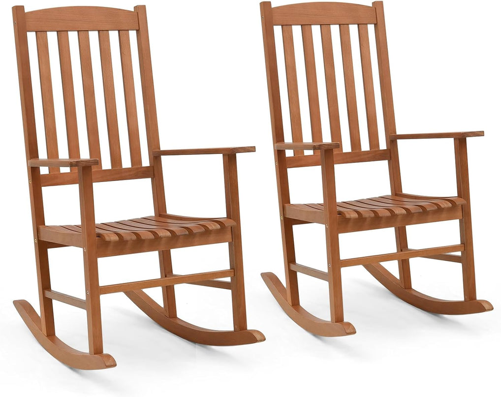 Giantex Wood Outdoor Rocking Chair - Eucalyptus Rocker Chair with Stable & Safe Rocking Base