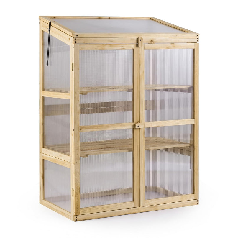 GIANTEX Wooden Cold Frame Greenhouse w/Transparent Flip-Top Roof & 2-Tier Shelf