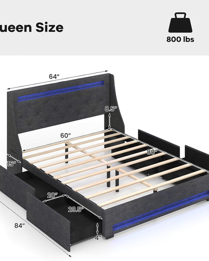 Giantex Bed Frame with LED Lights & Charging Station, Upholstered Platform Bed with Wingback Headboard