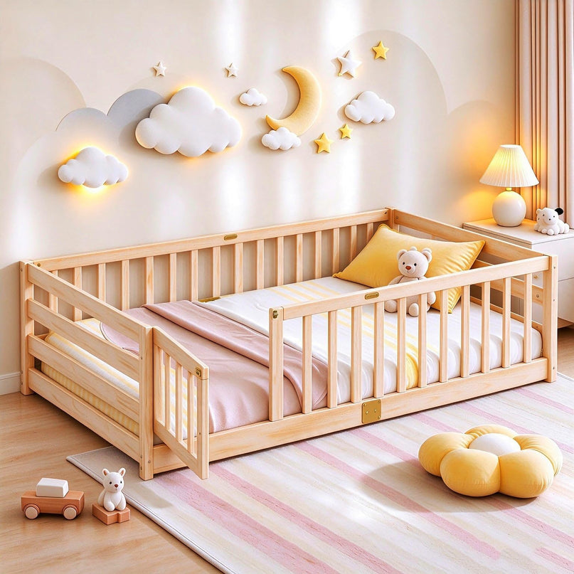 Giantex Twin Floor Bed with High Fence & Door