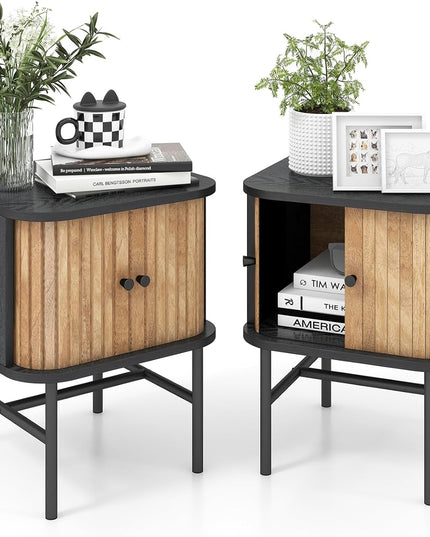 Giantex Mid-Century Modern Nightstand, Wood Bedside Table with Sliding Doors and 4 Metal Legs