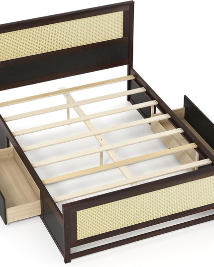 Cadre de lit double/complet en rotin Giantex avec 2 tiroirs de rangement, tête de lit et pied de lit