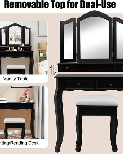 Vanity Table Set with Tri-Folding Mirror and 4 Drawers - Giantexus