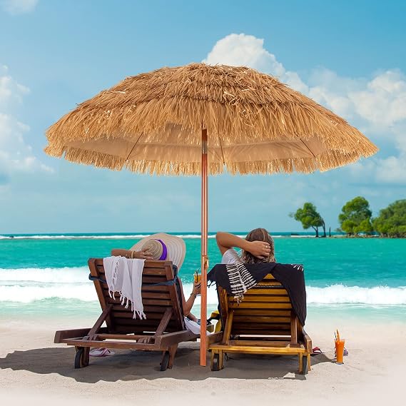 Giantex Thatched Tiki Umbrella, Hawaiian Style Patio Grass Umbrella with 8 Ribs & Tilt Adjustment