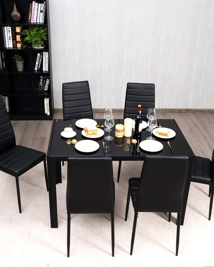 Giantex Kitchen Dining Table Set, Glass Tabletop Dining Room Set with Leather Padded 6 Chairs, Black