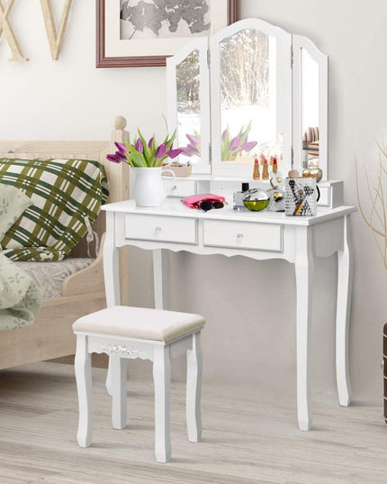 Vanity Set with Tri-Folding Mirror and 4 Drawers Makeup Dressing Table - Giantexus