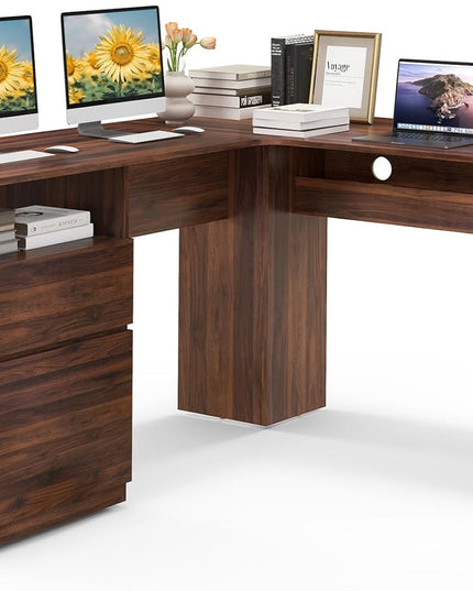 Giantex L Shaped Computer Desk with Drawers, 59" Corner Desk Workstation with Storage Shelf & Cable Holes