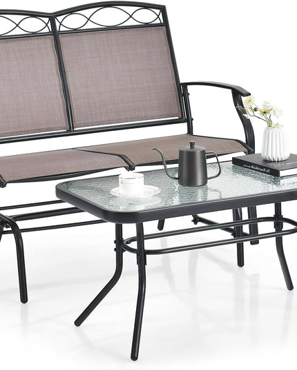 Giantex 4 or 2 PCS Outdoor Glider Chairs Set - Patio Furniture Set with Tempered Glass Table (4 PCS, Brown)
