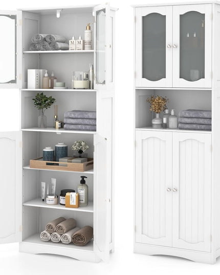 Giantex 64.5" Tall Bathroom Cabinet, Pantry Cabinet with Tempered Glass Doors, Adjustable Shelves