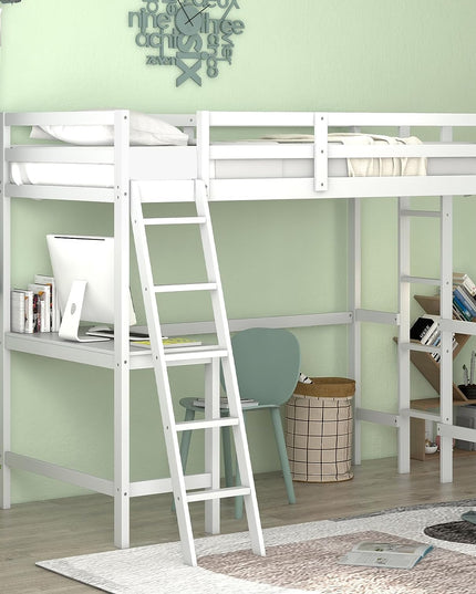 Giantex Twin Size Loft Bed with Desk, Solid Wood Loft Bed with 2 Ladders & Full Length Guardrail