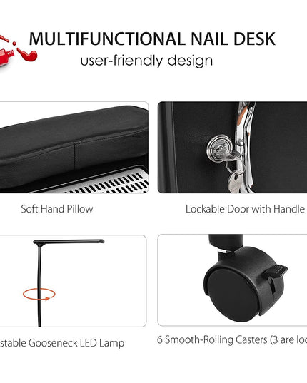 Nail Desk Manicure Table Steel Frame Nail Tables for Technician (Pure Black) - Giantexus