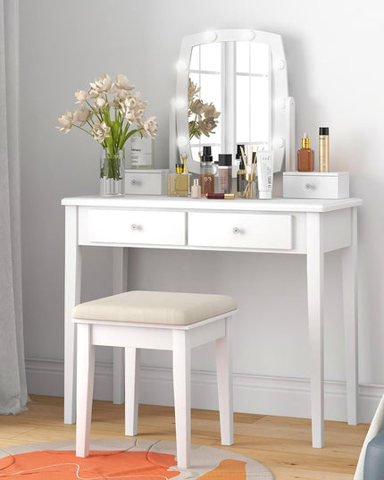 CHARMAID Vanity Desk with Mirror and Lights, Makeup Vanity Table with Swivel Mirror, Girls Bedroom Makeup Dressing Table with Stool