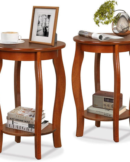 Giantex 2-Tier Round End Table, Narrow Tiered Telephone Table with Storage Shelf, Solid Wood Legs