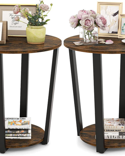 Giantex Round End Table Set of 1/2, 2-Tier Side Sofa Table with Open Storage Shelf and Metal Frame