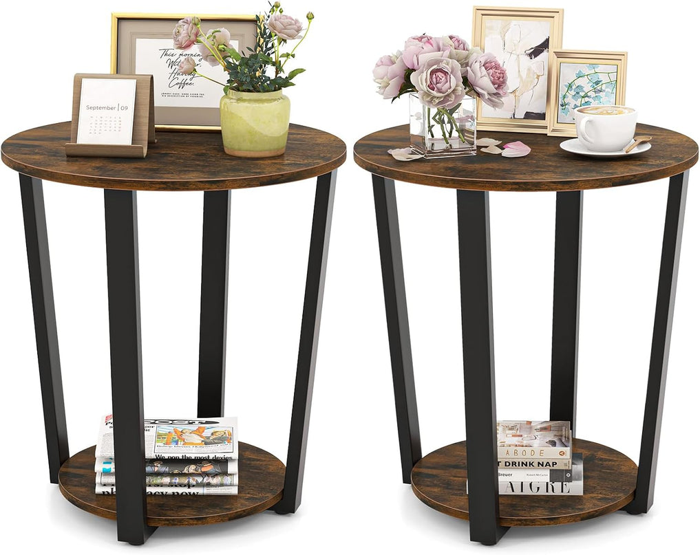 Giantex Round End Table Set of 1/2, 2-Tier Side Sofa Table with Open Storage Shelf and Metal Frame